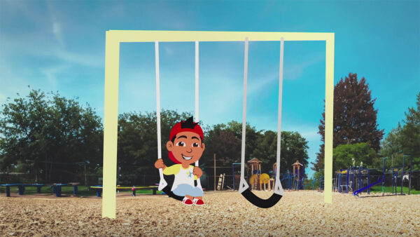 A cheerful cartoon character swings joyfully on a swing set, surrounded by a bright and colorful playground scene.
