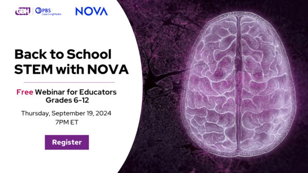 Graphic with an image of a brain and text reading: Back to School STEM with NOVA free webinar for educators grades 6 to 12