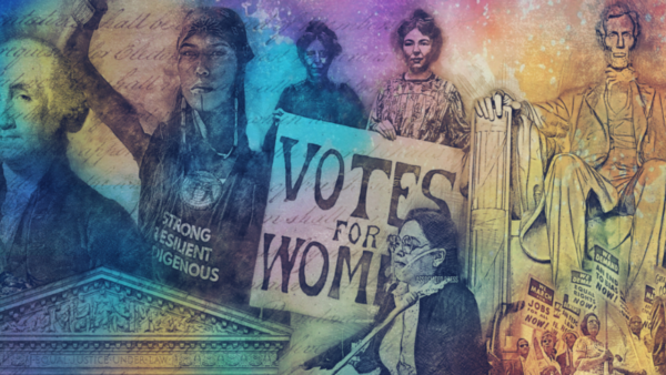 Civics Collection poster, featuring suffragettes, Abraham Lincoln and a Native american woman