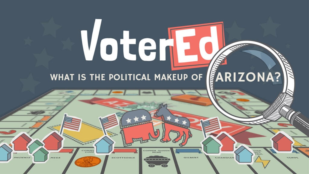 A graphic featuring a Monopoly board and text reading: Voter Ed: What is the political makeup of Arizona?