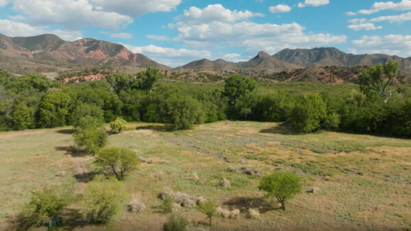 An open field with a mountain