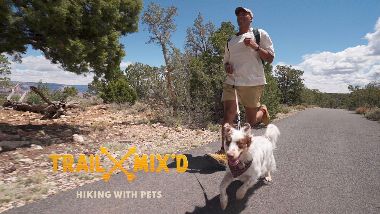 Jayarr running with a dog with text reading Trail Mix'd: Hiking with Pets