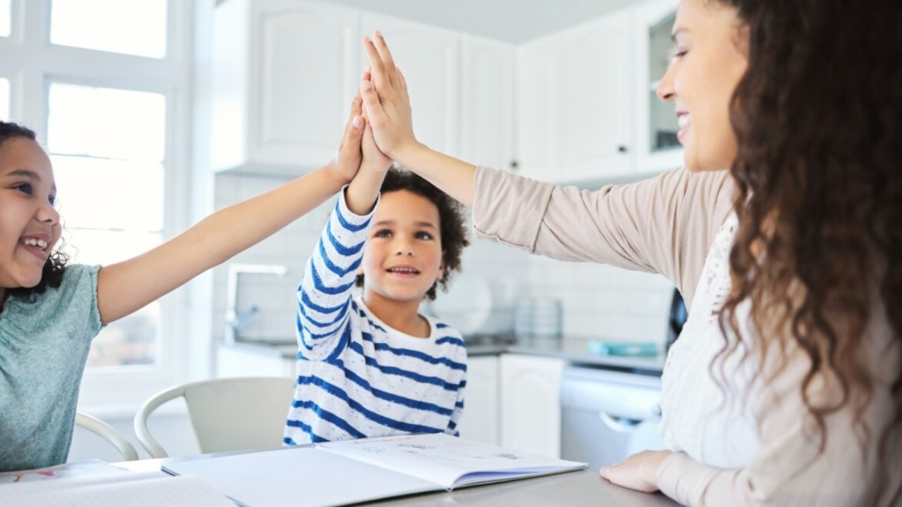 Kids high five their mom