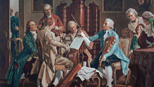 An illustration of Haydn and others playing their musical instruments