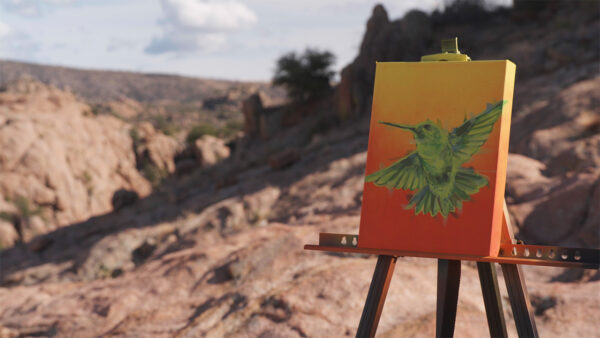 A painting of a bird on a trail