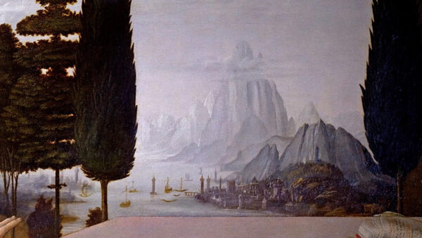 A serene painting depicting a bed positioned to overlook majestic mountains in the background.