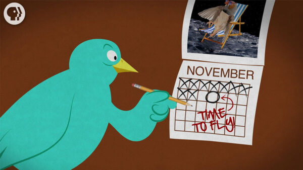 A cartoon bird holds a calendar featuring an image of a man sitting in a chair, showcasing a whimsical scene.