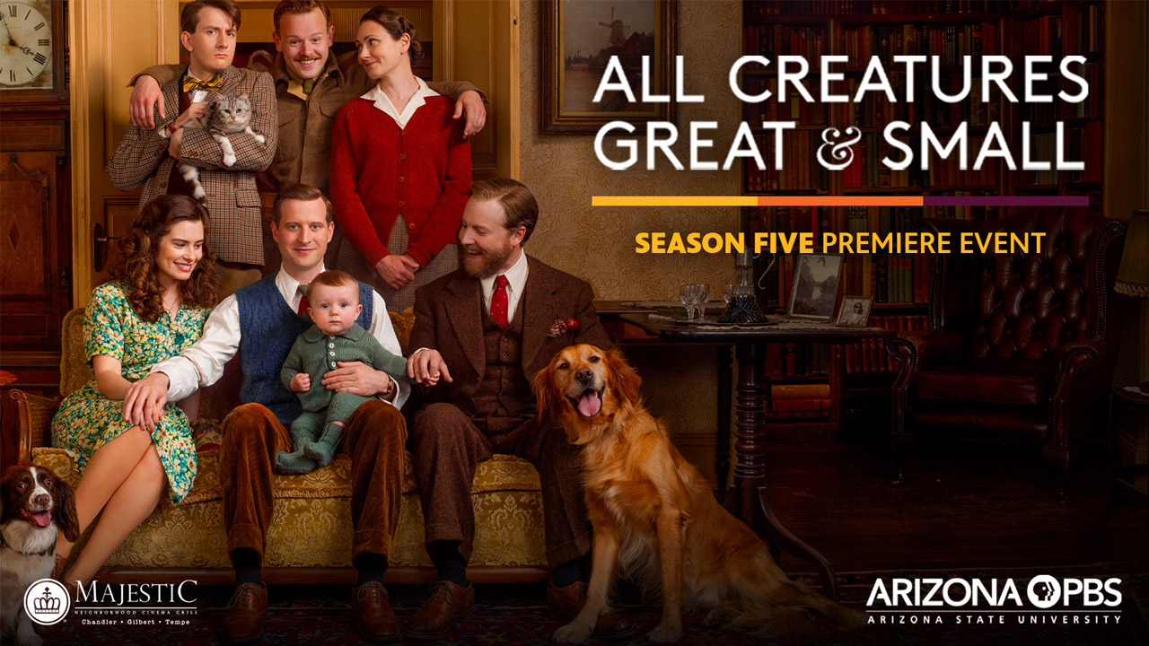 A graphic for the Season 5 screening of All Creatures Great and Small featuring the cast