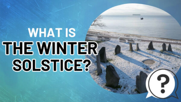 A snowy landscape by a lake with text reading: What is the winter solstice?