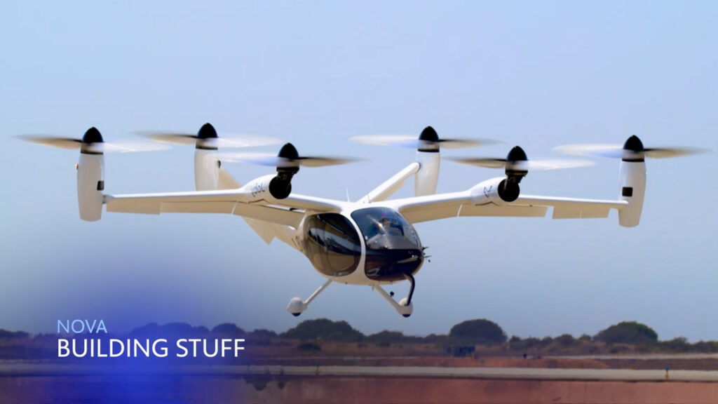 A lightweight aircraft with six propellers taking off at an airport