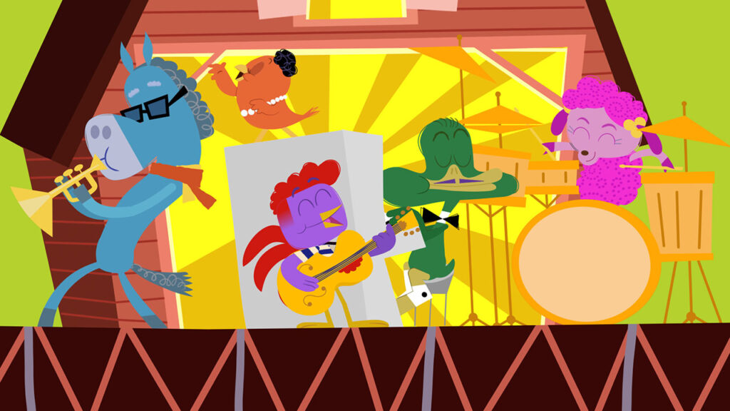 A cartoon band performs lively music in front of a barn.