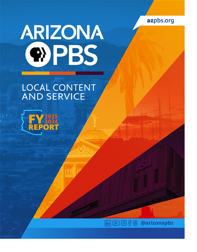 The cover of the FY 2023-24 CPB Local Content and Service Report showing downtown Phoenix with a brightly colored overlay