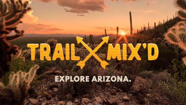 A picture of the desert with a logo for the digital-first series Trail Mix'd from Arizona PBS