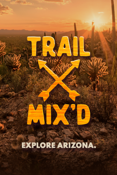 A picture of the desert with a logo for the digital-first series Trail Mix'd from Arizona PBS