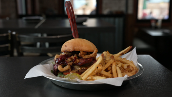 A burger and fries from Lumberyard Brewing Company