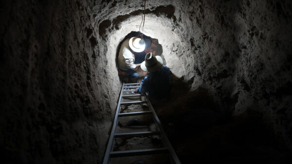 A team of archeologists exploring a tomb