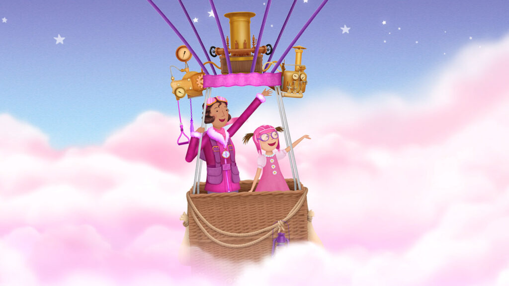 Pinkalicious in a hot air balloon