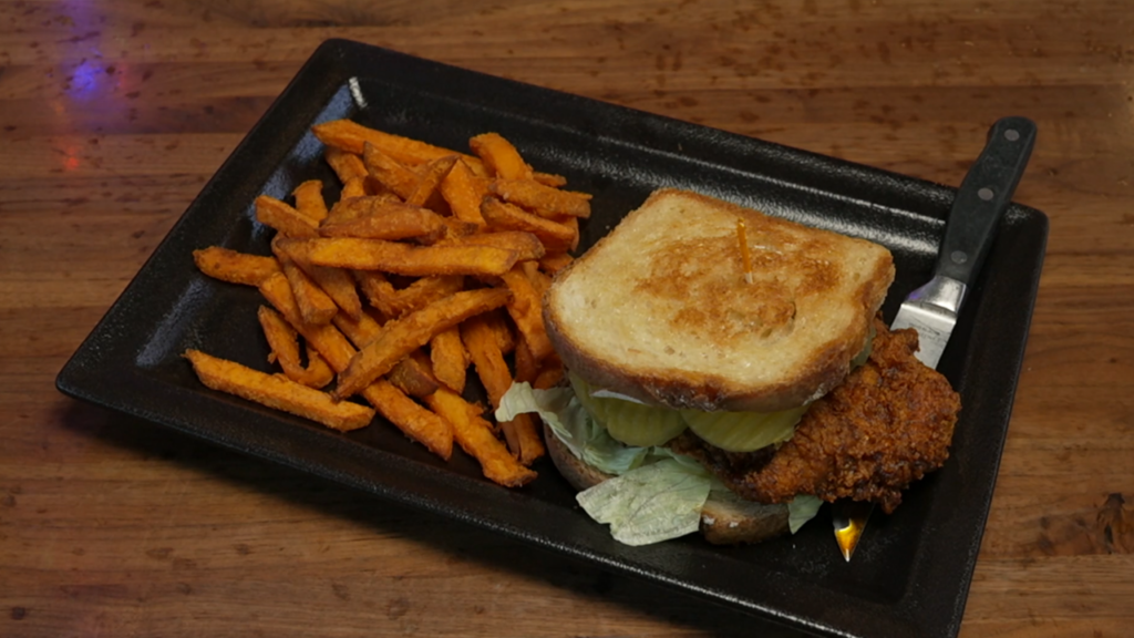 Nashville Hot Chicken sandwich and sweet potato fries from K O'Donnells