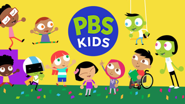 The PBS kids logo with cartoon kids playing