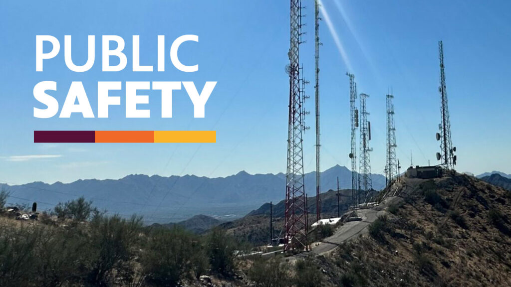 A photo of the towers at South Mountain with text reading: Public Safety