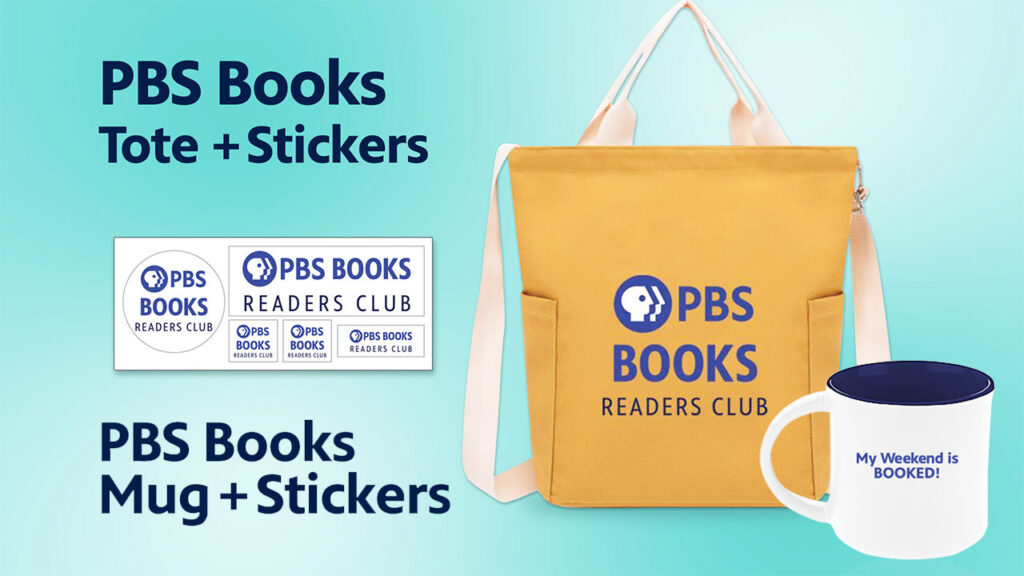 PBS Books Readers Club tote bag, mug and stickers
