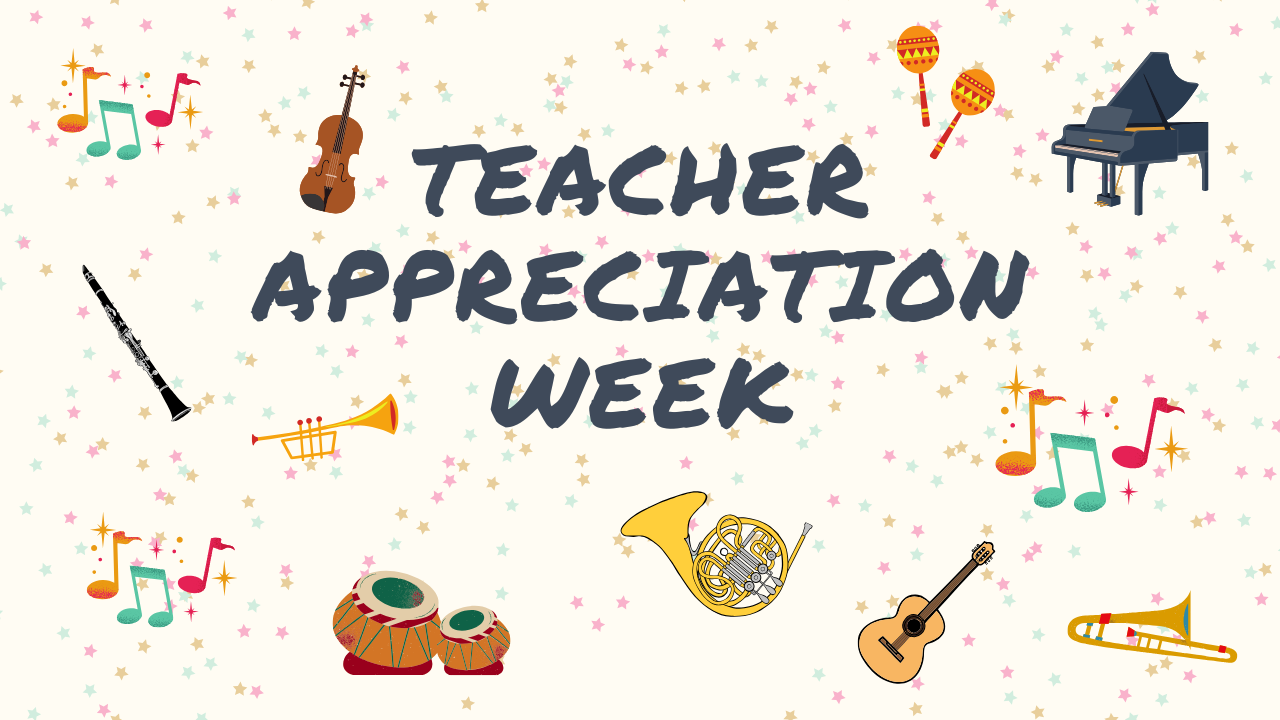 Icons on musical instruments with text reading: Teacher Appreciation Week
