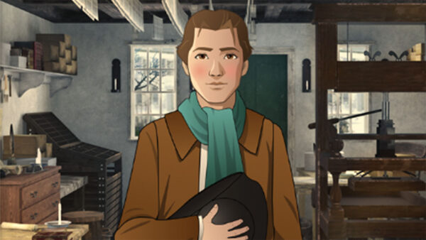 Animated young person with brown hair and a teal scarf stands in an old-fashioned print shop