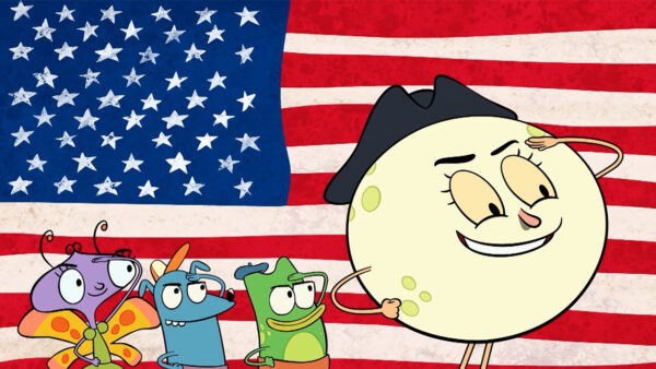 Cartoon character standing against a vibrant American flag background, symbolizing patriotism and national pride.