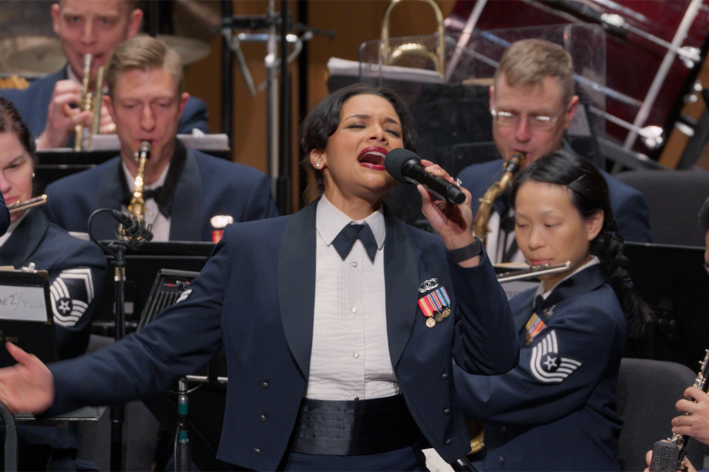 The U.S. Air Force band performs on stage