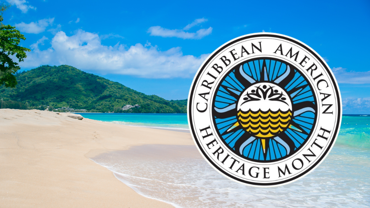 A view of a beach with text reading: Caribbean American Heritage Month