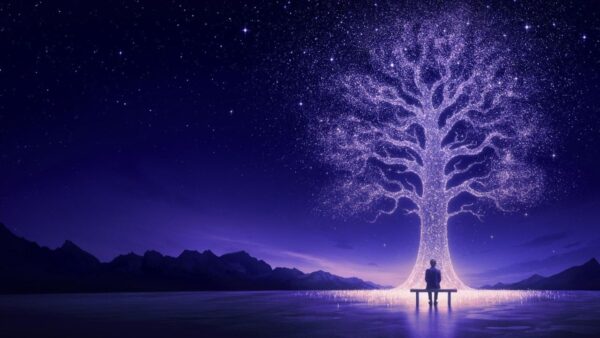 A person sitting in front of a large tree