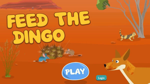 Cartoon desert scene with a dingo, a blue mouse, and a spiny lizard.