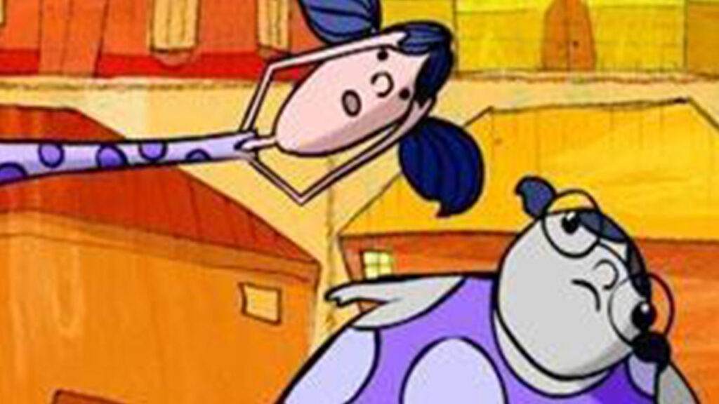 A cartoon character teases above a woman wearing a purple dress