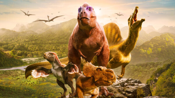 An illustration of lifelike dinosaurs in a jungle