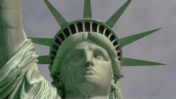 An up close image of the statue of liberty
