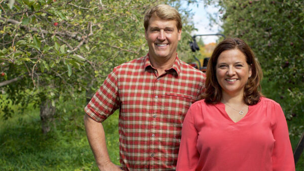 The Wiese family in a apple orchard