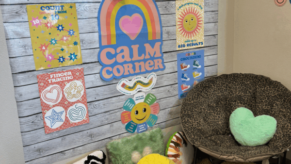 A calming corner with posters and a chair