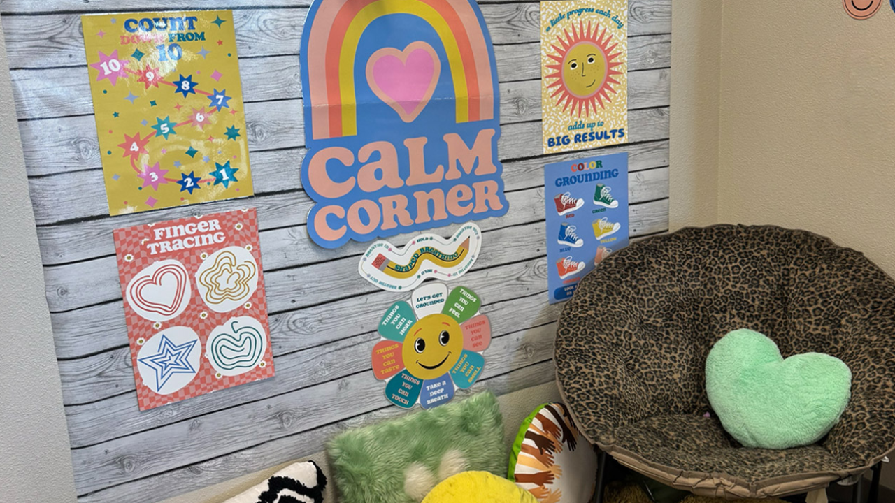 A calming corner with posters and a chair