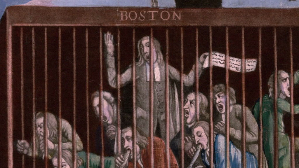 A group of distressed people are confined behind bars labeled “Boston"