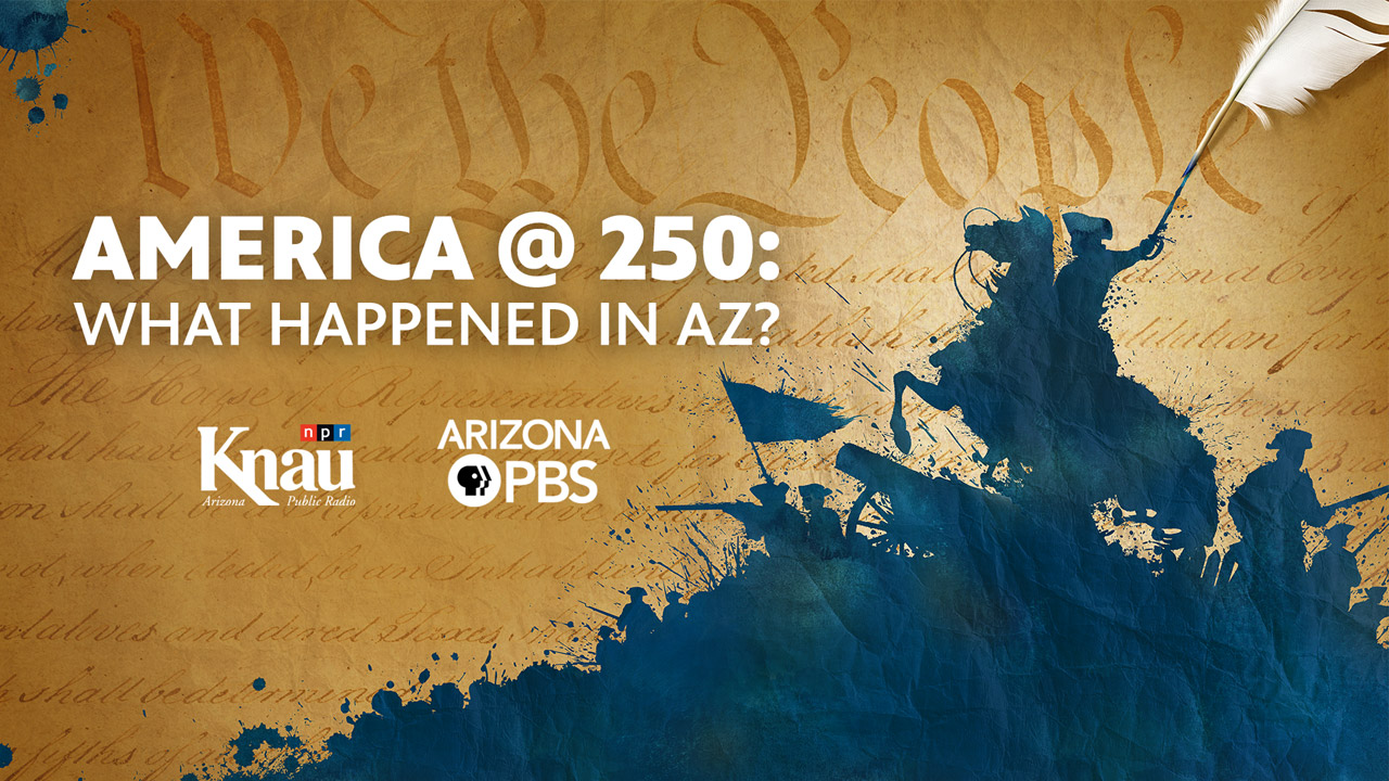An illustration of a patriot riding a horse with text reading: America at 250