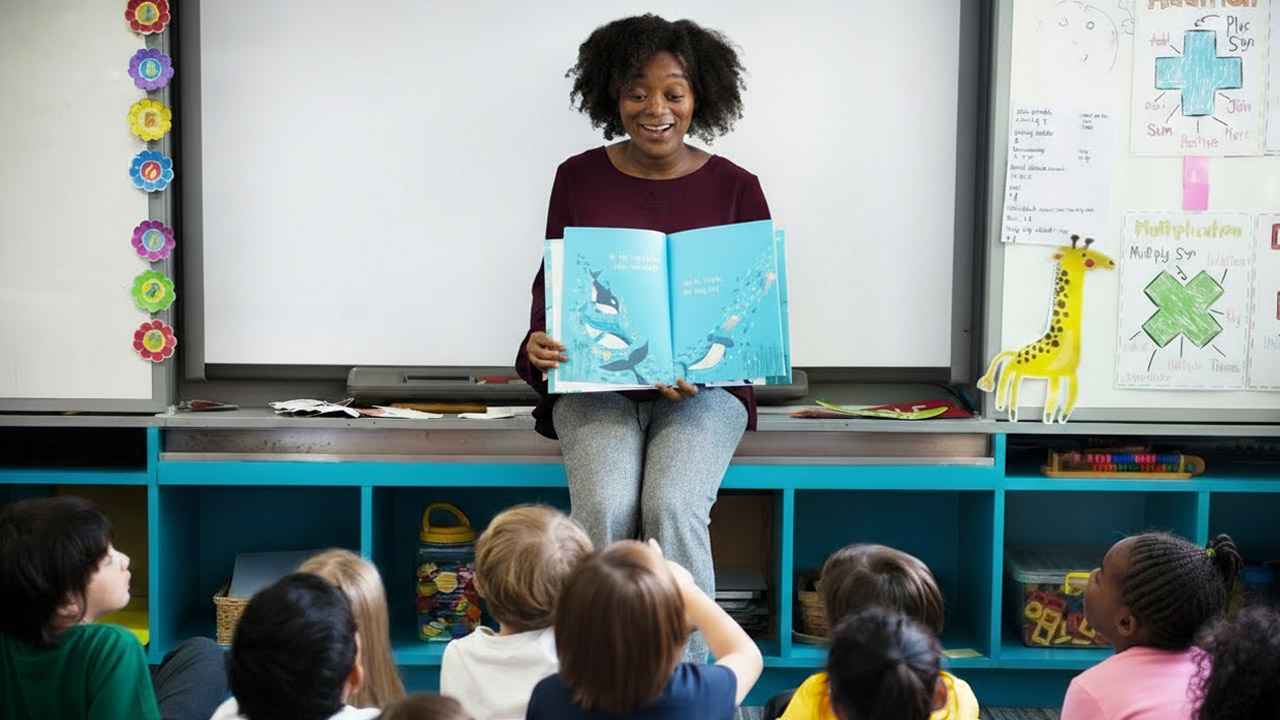 A teacher reads a book to students in class