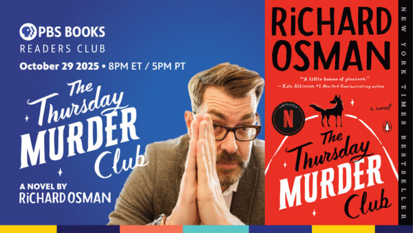 A graphic for PBS Books Readers Club of Richard Osman and his book, 