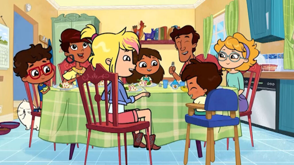 A diverse group of animated characters around a green-checkered table enjoying food.