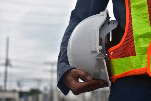 A close up of a guy holding a helemet