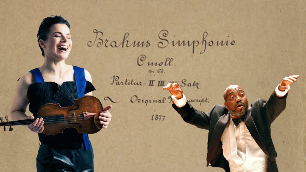 A violinist and a composer with text reading Brahms Simphonie