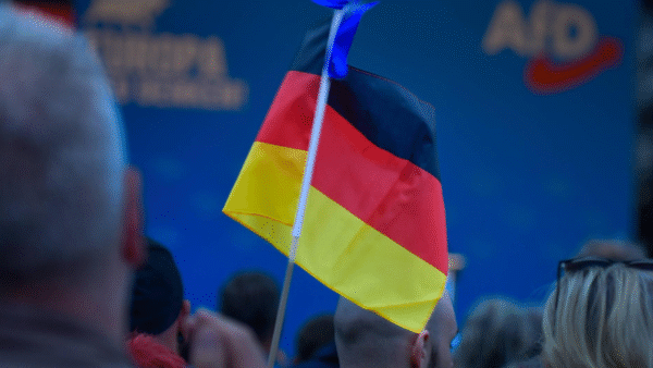 A crowd of people holding Germany's flag