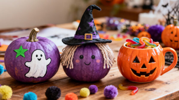 Three Halloween pumpkins sit on a table
