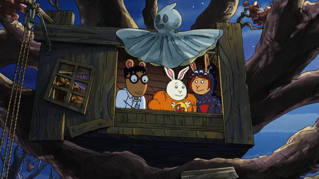 The characters from "Arthur" looking outside of their tree house