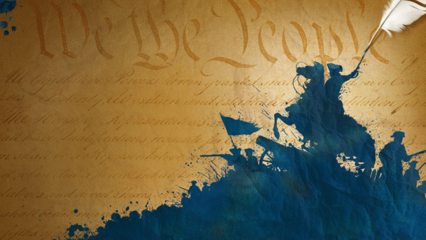 Image of the United States Constitution with a blue soldier and horse printed over top.