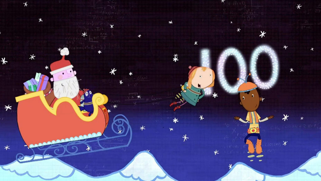 Cartoon Santa Claus and a child joyfully riding together on a sleigh through a snowy landscape.